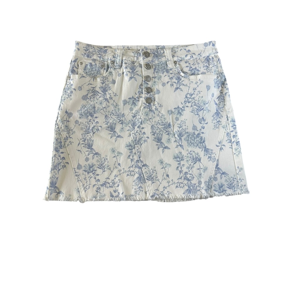Seven7 Weekend Denim Skirt Floral Toile Print Cottagecore Bridgerton Frayed Hem